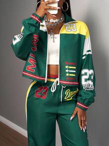 Slaydiva New Autumn/Winter Women's Back To School Outfit, Casual Business Streetwear, Retro College Style Jacket With Stand Collar Front Zipper Long Sleeve Cropped Top + Straight Leg Wide Pants With Slit Hem, Military Green Patchwork White Yellow Printed Logo, 2 Piece Set - Multicolor - View 3
