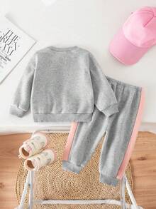SHEIN Babygirl 可爱灰色长袖运动衫和松紧腰裤套装 - 灰色 - 查看 2