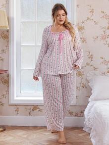 CottageSlumber 2pcs Plus Size Ditsy Floral Ruffle Trim Loose Pajama Set, Suitable For Spring And Autumn Fall Winter Clothes - Pink - View 5