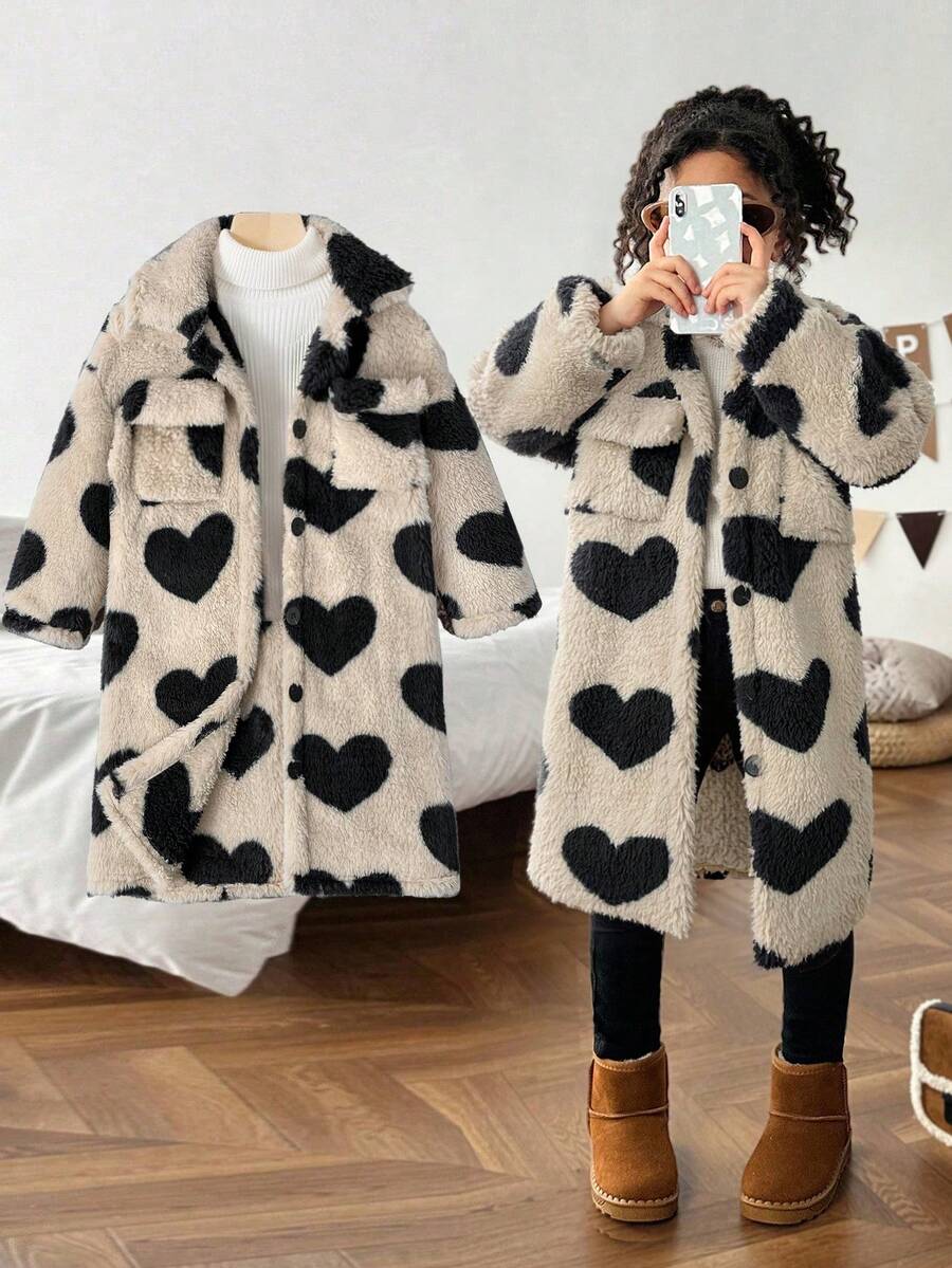 SHEIN 女童爱心图案休闲毛绒外套,保暖舒适,时尚百搭,适合日常休闲穿着,中长款翻领长袖抓绒外套,冬季适用,也适合万圣节、开学季、母女亲子装等场合。 - 彩色 - 查看 1