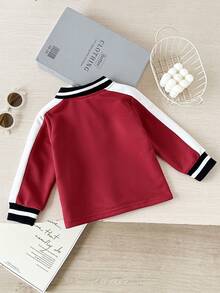 SHEIN Playful Pals Toddler Boys' Colorblock Patchwork Casual Collegiate Unicorn & Horse Print Long Sleeve Polo Sweatshirt, Autumn - Red - View 2