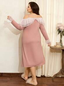 Côtesoire Plus Size Polka Dot Mesh Layered Ruffle Cold-Shoulder French Elegant Romantic Long Sleeve Ribbed Knit Nightgown, Winter - Coral Pink - View 2