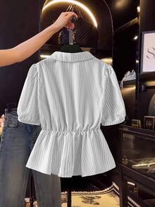 SHEIN LUNE 秋季大码休闲条纹褶皱泡泡袖衬衫 - 黑與白 - 查看 2