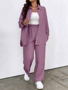 Flirla Plus Size Women's Solid Color Long Sleeve Single-Breasted Shirt And Wide Leg Pants Casual Loose 2-Piece Set - Dusty Pink - View 3