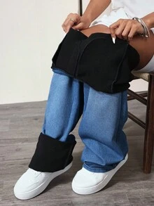 Flexra 蓝色水洗百搭百搭四向弹力保暖内衬宽松直筒牛仔裤 - 中等水洗藍 - 查看 7