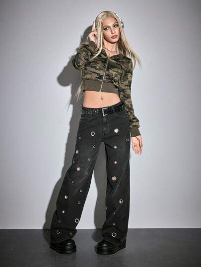 J-Fashion Jeans droits vintage Y2K streetwear avec décoration œillets, unisexe