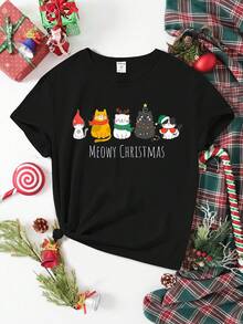 Girls Casual Christmas Elements Snowflake Santa Claus Gift Slogan Cat Graphic Print Basic Short Sleeve T-Shirt - Black - View 5