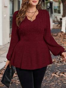 Reflora 大码纯色长袖休闲荷叶边下摆针织套头衫