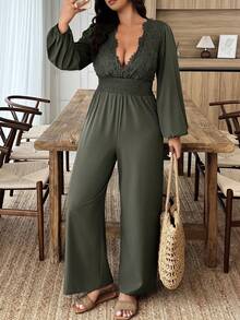 Weeklong Damen Große Größen Lässig V-Ausschnitt Spitze Destroyed Jumpsuit mit Langarm - Armeegrün - Übersicht 4