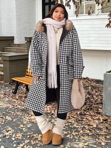 SHEIN EZwear Veste épaisse à capuche pour femme grande taille, motif pied-de-poule, à la mode, hiver - Noir et Blanc - Voir 6