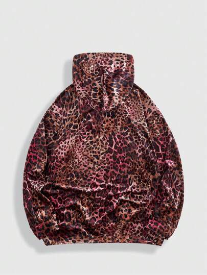 Street Life Men's Letter & Leopard Print Long Sleeve Casual Hoodie Sweatshirt