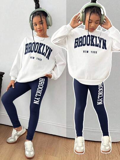 2pcs Tween Girls Letter Print Knit Crew Neck Sweatshirt + Knit Leggings Set, Casual Fashion Everyday Versatile