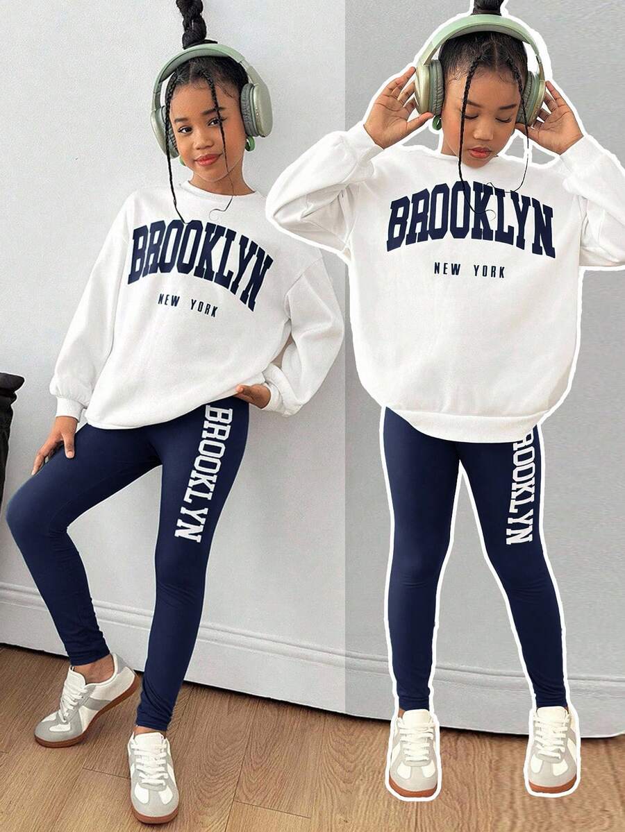 Bộ 2 áo nỉ cổ tròn in chữ cho bé gái tuổi teen + quần legging dệt kim, thời trang thường ngày đa năng - Màu xanh hải quân - Xem 1