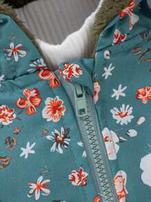 SHEIN Vintaside Kids 復古牛仔女孩可愛碎花連帽夾克 嬰兒女寶寶拉鍊開合保暖內裡休閒時尚冬季外套 新生女嬰 - 綠色 - 查看 6