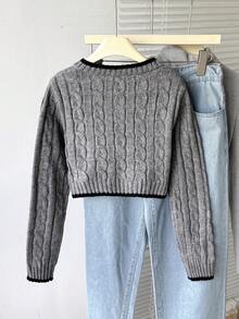 SHEIN Áo len dài tay cổ chữ V trang trí nơ cho bé gái tuổi teen, phong cách K Pop Preppy thu/đông cho bé gái Sumwon - Màu xám đen - Xem 3