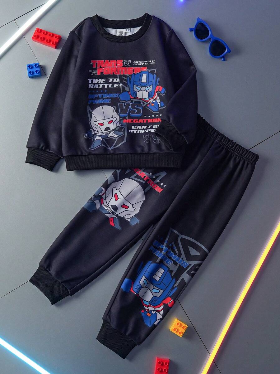 Transformers X SHEIN 2pcs/Set Young Boy Casual Fashion Street Robot Slogan Graphic Sweatshirt And Sweatpants Set, Autumn/Spring - Black - View 1