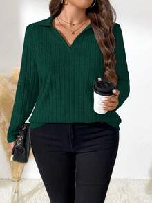 EMERY ROSE 大码休闲纯色罗纹领长袖T恤