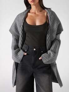 LYSMO Áo khoác cardigan dệt kim tay dài cổ bẻ màu trơn dành cho nữ, thường ngày, thu/đông - Màu xám đen - Xem 7