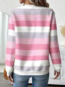 EMERY ROSE Plus Size Women Casual Textured Striped Print Zip-Up Crew Neck Sweatshirt, American Minimalist Style