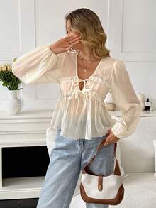 Serisse Women's Apricot Summer Boho Blouse,Frill Trim Front Tie Lantern Sleeve Solid Color Elegant Top,Suitable For Work,Commute,Brunch & Casual Fashion - Apricot - View 4