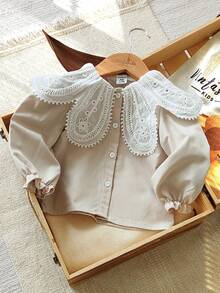 SHEIN Vintaside Kids Baby Girls' White Lace Collar Long Sleeve Blouse, Fashionable Versatile Doll Shirt, Comfortable And Stylish For Everyday Wear, Spring/Autumn