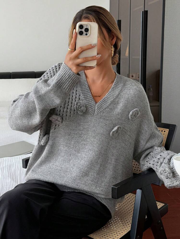 Gray Hollow 3D Rose Loose Casual V-Neck Long Sleeve Sweater, Autumn/Winter
