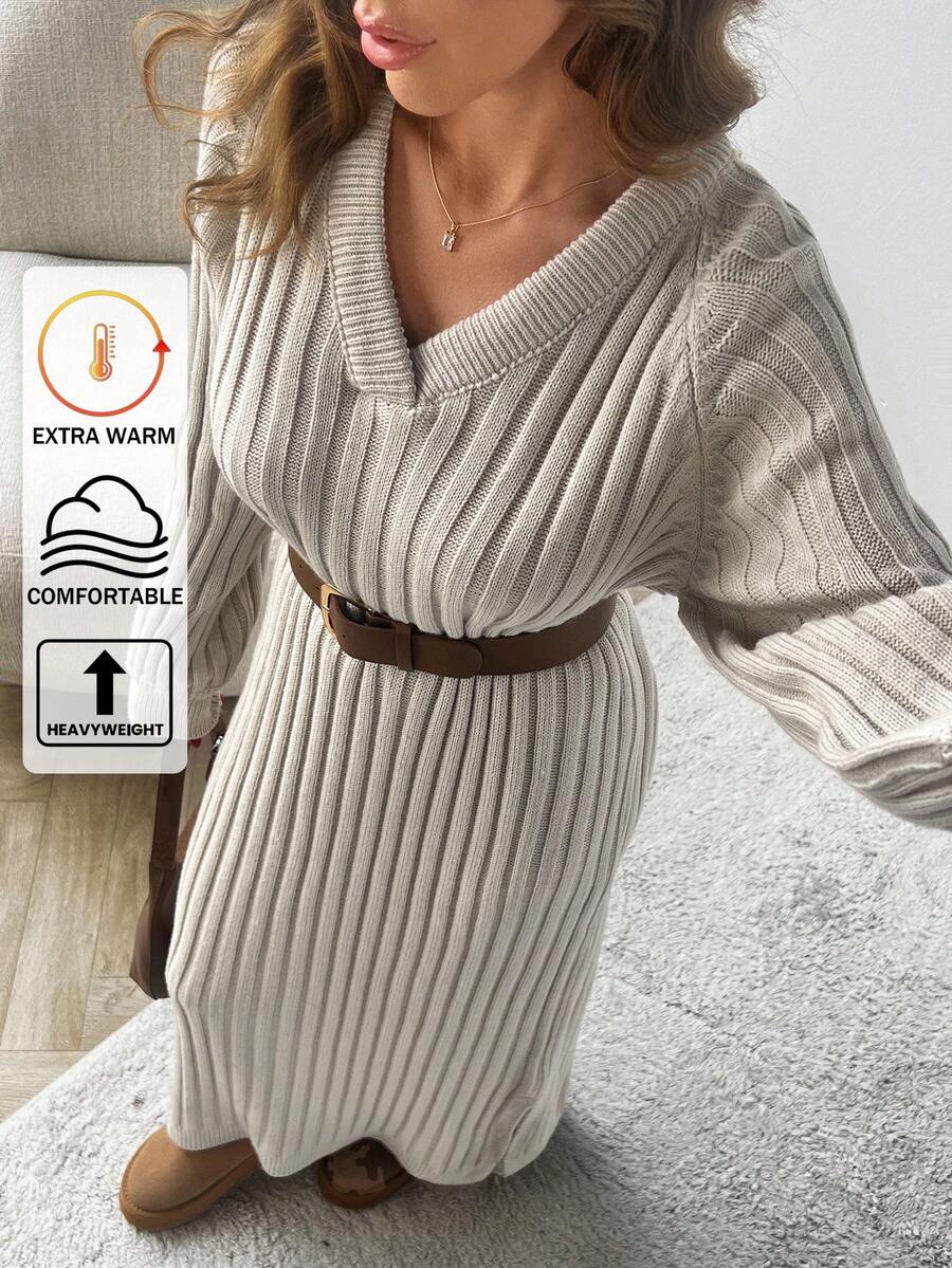 EURMUSE Women Solid Color Deep V-Neck Rib Knit Slit Detailed Long Sweater Dress,Winter Dresses - Beige - View 1