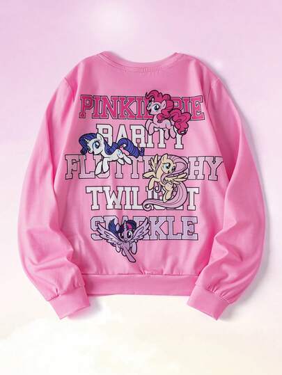 My Little Pony X SHEIN Sweter dla nastolatek w stylu casual z kreskówkowym wzorem i literami, wiosna/jesień
