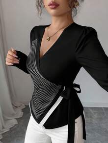 Elenzga Elegant V-Neck Digital Printed Geometric Line Pattern Long Sleeve Asymmetrical Hem Tie Bow Blouse - Black - View 6