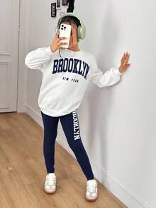 Bộ 2 áo nỉ cổ tròn in chữ cho bé gái tuổi teen + quần legging dệt kim, thời trang thường ngày đa năng - Màu xanh hải quân - Xem 4