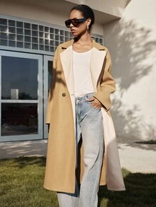 SHEIN LUNE Women's Fashionable & Elegant Contrast Color Scarf Collar Split Back Woolen Coat - Multicolor - View 6