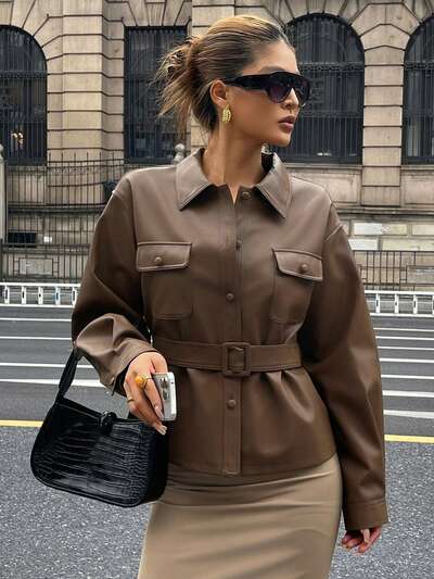 Women's Casual Belt PU Solid Color Pocket Shirt, Autumn Long Sleeve Top Leather Jacket