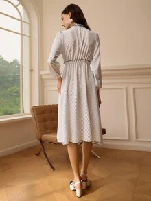 Omancia Vestido elegante de manga comprida com estampa de bolinhas - Branco - Ver 2