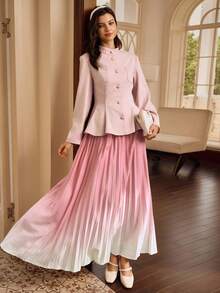 SHEIN Clasi Women's Solid Color Stand Collar Long Sleeve Single-Breasted Ruffle Hem Jacket And Ombre Pleated Midi Skirt Elegant 2 Pieces Set - Pink - View 8