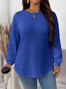 SHEIN LUNE 秋季大码休闲纯色圆领落肩纹理运动衫 - 寶藍色 - 查看 6