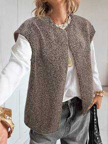 Siren Gaze 秋冬休闲百搭纯色宽肩无袖外套 - 咖啡棕 - 查看 5