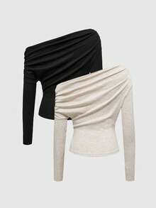 ROMWE Set de 2 tops cortos ajustados con hombros oblicuos y drapeado para mujer - Multicolor - Ver 2