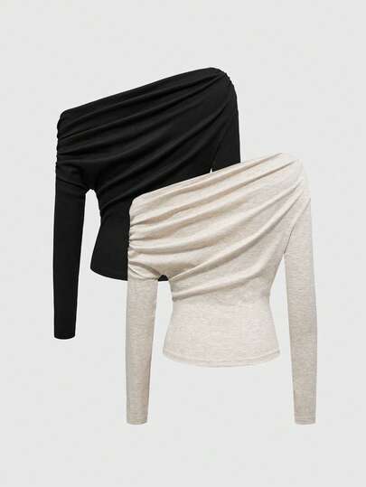 2 pièces/Set Top court moulant avec épaules obliques et froncis pour femmes