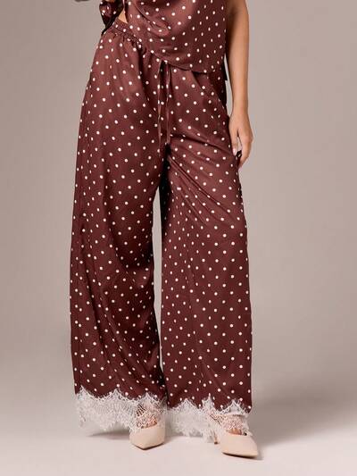 AiiRZ Pantalones palazzo de pierna ancha con lunares y dobladillo con encaje, pantalones casuales de ajuste relajado