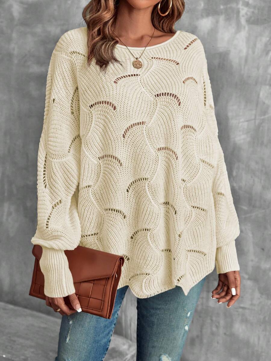 EMERY ROSE Women's Fashion Casual Hollow Out Crew Neck Long Sleeve Sweater - Apricot - View 1