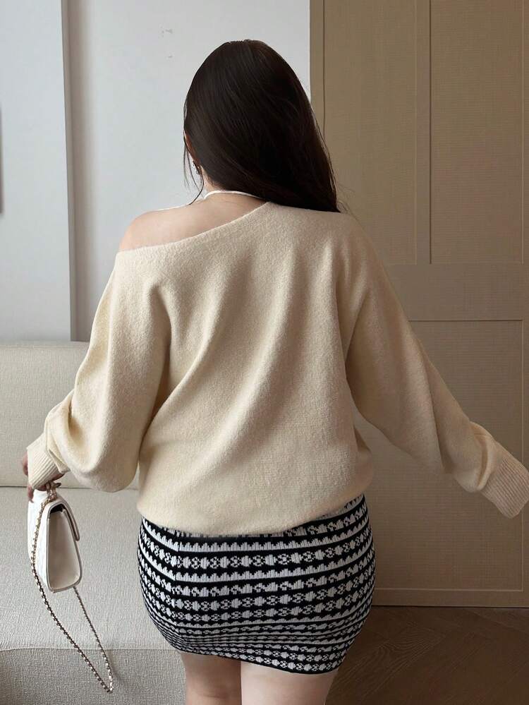 Dazy Plus Plus Size Women Solid Color Cold-Shoulder Loose Knit Pullover Sweater With Tie, Autumn/Winter