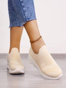 Tenis para mujer de tejido  transpirable, punta redonda, sin cordones, plataforma cómoda, estilo deportivo para gimnasio y uso diario - Beis - Ver 3