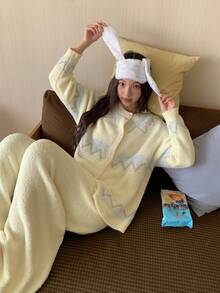 DAZY 几何图案宽松长袖针织外套和裤子套装，女士休闲套装，秋冬睡衣 - 黃色 - 查看 2