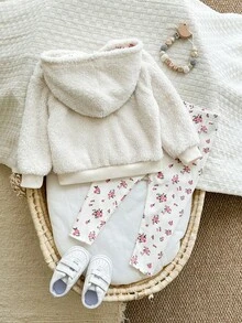 Cozy Pixies 两件套女婴卡通动物印花保暖内衬圆领长袖卫衣和松紧腰碎花裤套装 - 杏色 - 查看 2