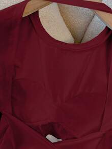INAWLY 女士纯色时尚圆领长袖露背T恤 - 酒紅色 - 查看 4