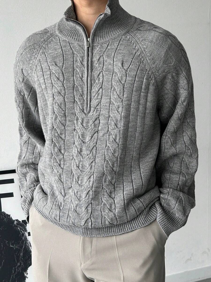 DAZY Men's Gray Half-Zip Solid Color Sweater, Autumn/Winter - Light Grey - View 1