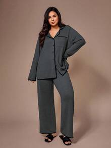 Lazeform Große Größen Weicher Strick Blumen Mesh Kontrastfarben Französisch Lässig Knöpfe Top & Hose, Loungewear/Nachtwäsche Set, Winterkleidung - Dunkelgrau - Übersicht 4