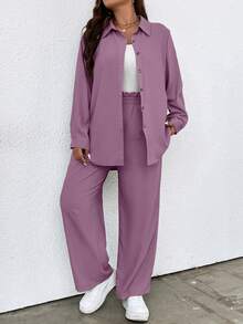 Flirla Plus Size Women's Solid Color Long Sleeve Single-Breasted Shirt And Wide Leg Pants Casual Loose 2-Piece Set - Dusty Pink - View 5