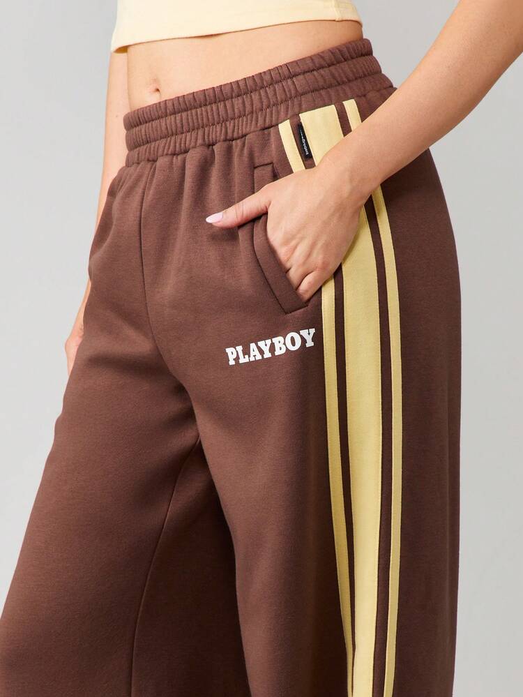 Missguided x Playboy Oversized Wide Leg Joggers With Side Stripe Detail Casual Drawstring Sweatpants Lounge Wear
