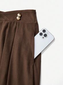 Franclia Gonna a vita alta e ampia per taglie forti, elegante per ufficio/casual/appuntamenti, decorata con bottoni dorati/color caffè, gonna lunga modesta di colore marrone scuro, gonna a campana marrone scuro, gonna marrone cioccolato - Caffè Marrone - Visualizzare 5